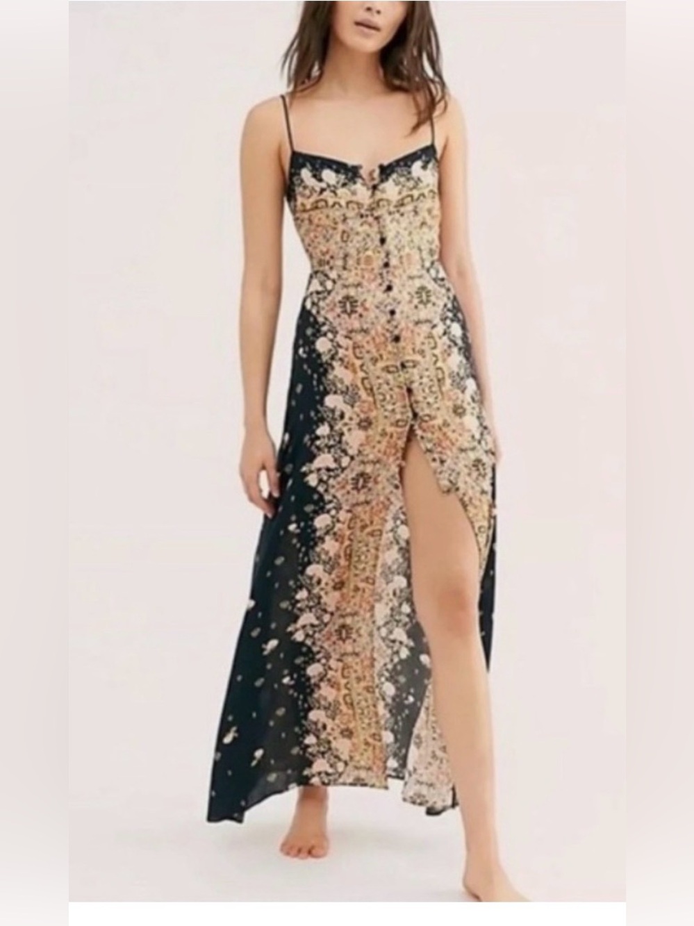 Free people morning song Spaghetti Strap Black Floral Maxi Dress with Front Slit